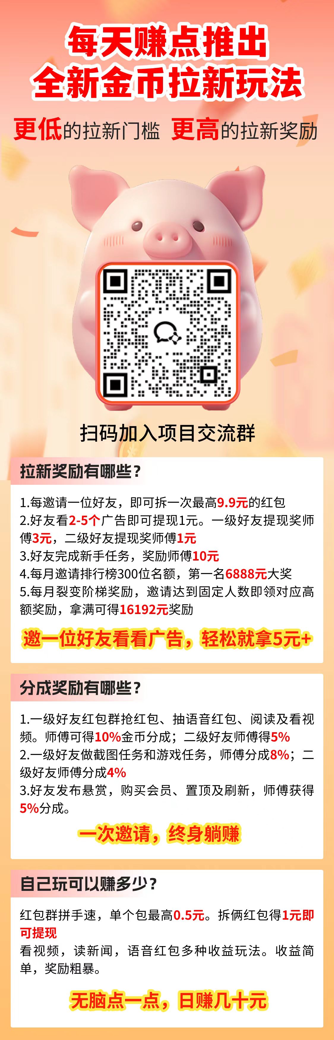 零撸拉新 无脑点一点，日赚几十元 邀一位好友看看广告，轻松就拿5元+